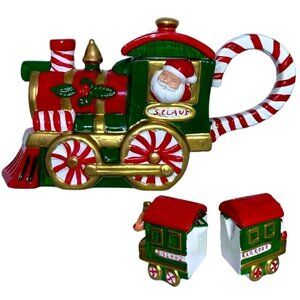Vintage Santa Train Teapot With Nesting Creamer Sugar Bowl 3 Pieces Ceramic 1994